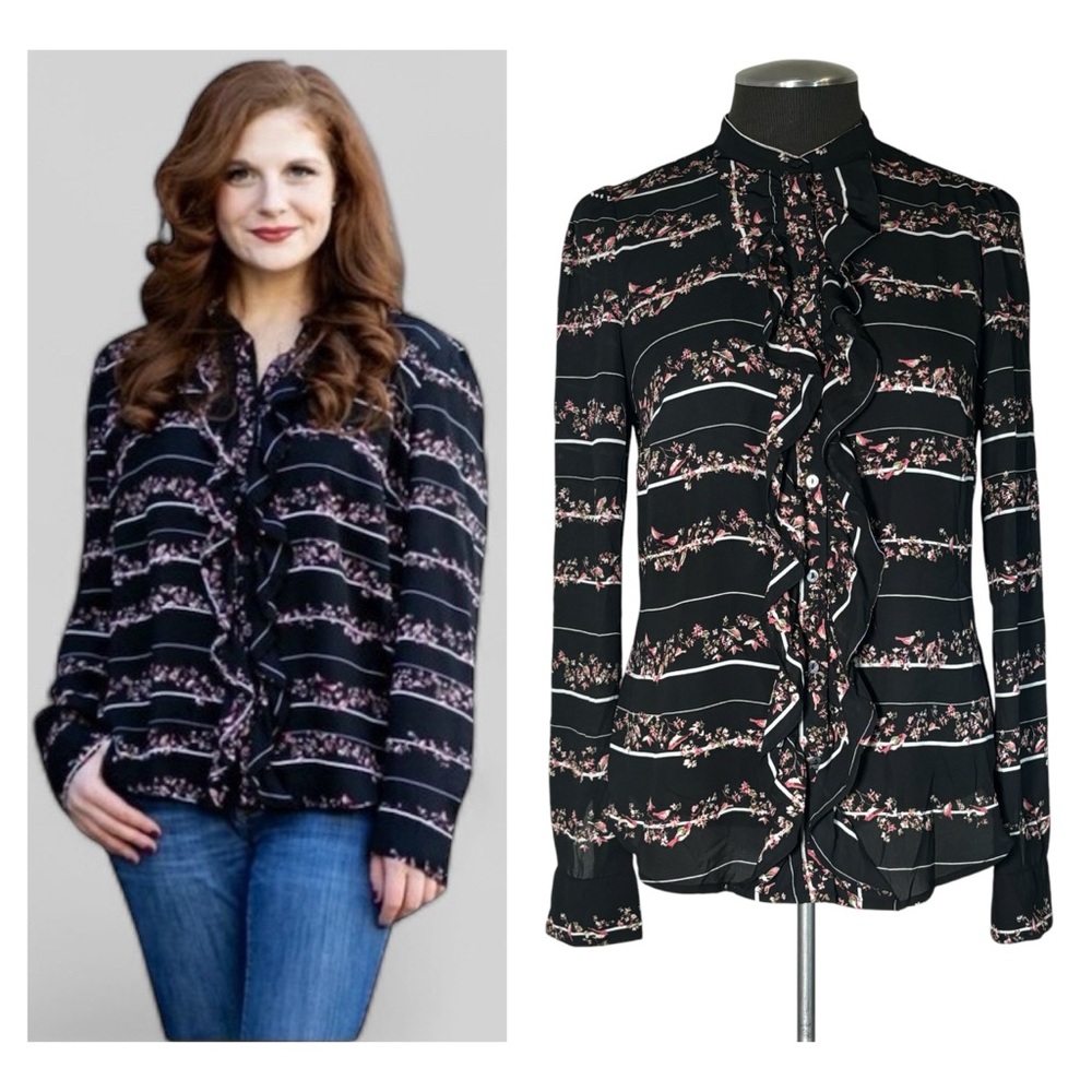Worthington – Floral and Bird Stripe Long Sleeve Button Down Blouse – Small